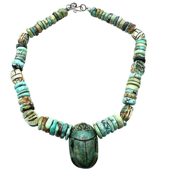 Rare Vintage Carved Blue Green Turquoise Scarb Sterling Silver Necklace 16 Inch - Picture 1 of 4
